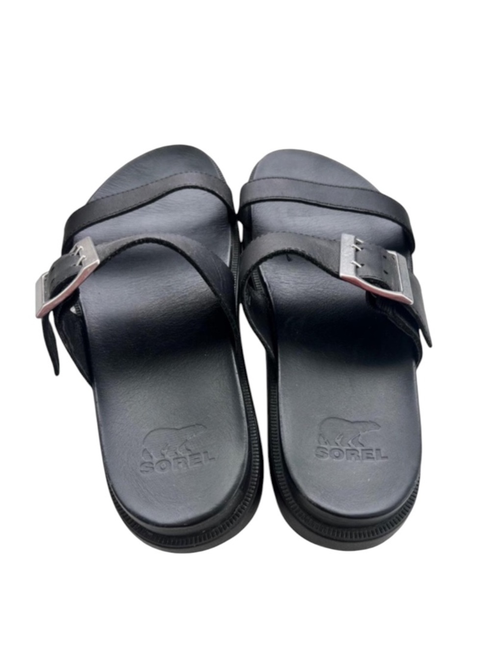 Sorel Black Leather Double-Strap Slide Sandals with Silver Buckles - Picture 5 of 5